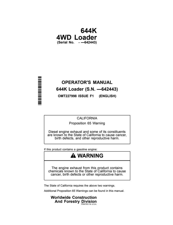 John Deere 644K Loader Operator manual OMT227998 — actual manual cover