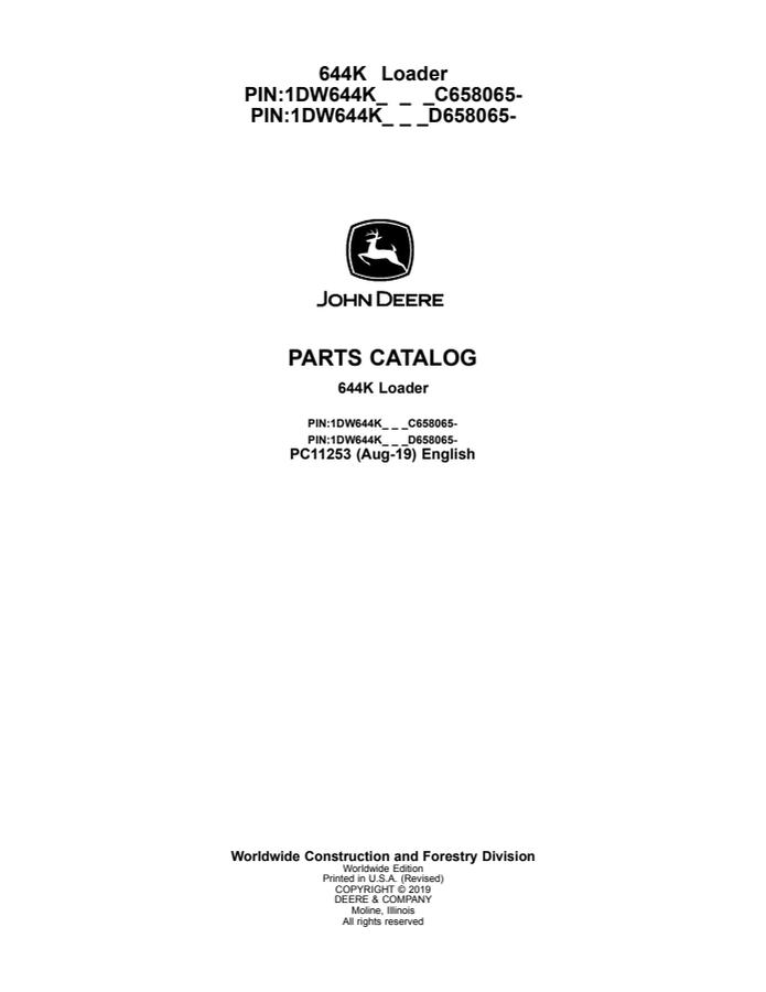 John Deere 644K Loader Parts Catalog — actual manual cover