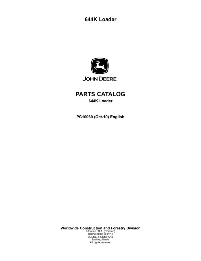 John Deere 644K Loader Parts Catalog PC10060 — actual manual cover