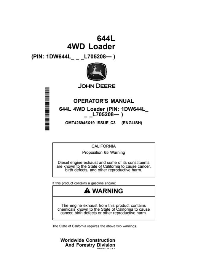 John Deere 644L 4WD loader Operator manual OMT426945X19 — actual manual cover