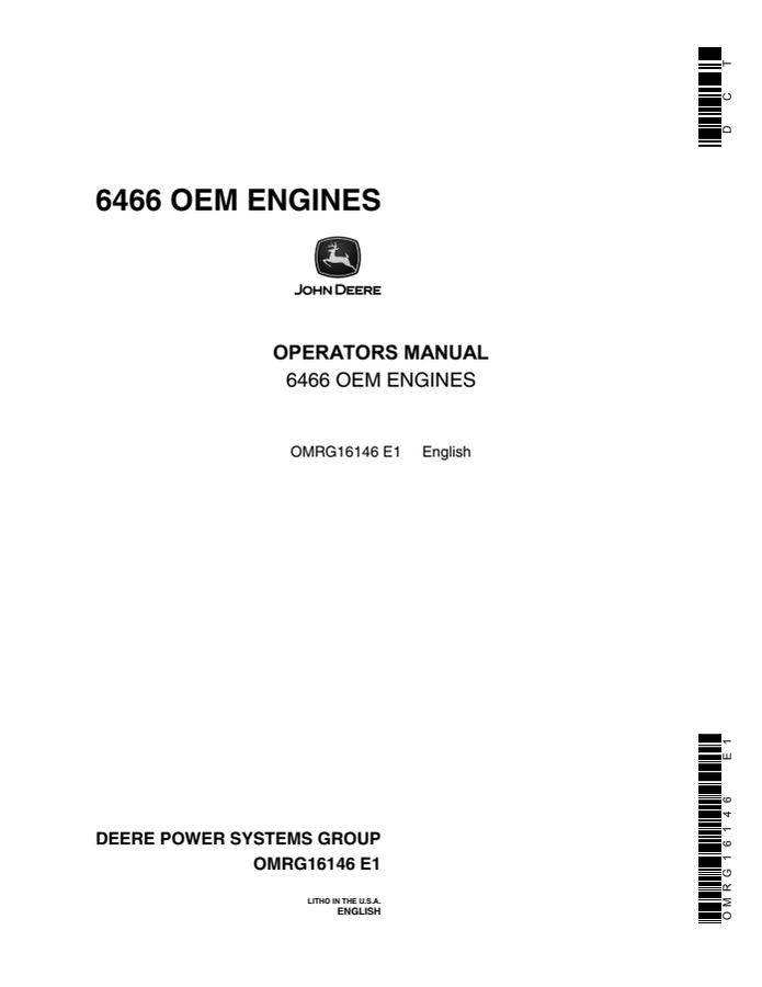 John Deere 6466 OEM Engine Engine Operator manual OMRG16146 — actual manual cover