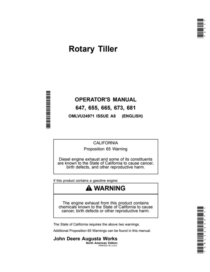 John Deere 647, 655, 665, 673, 681 Rotary tiller Operator's manual OMLVU24971 — actual manual cover