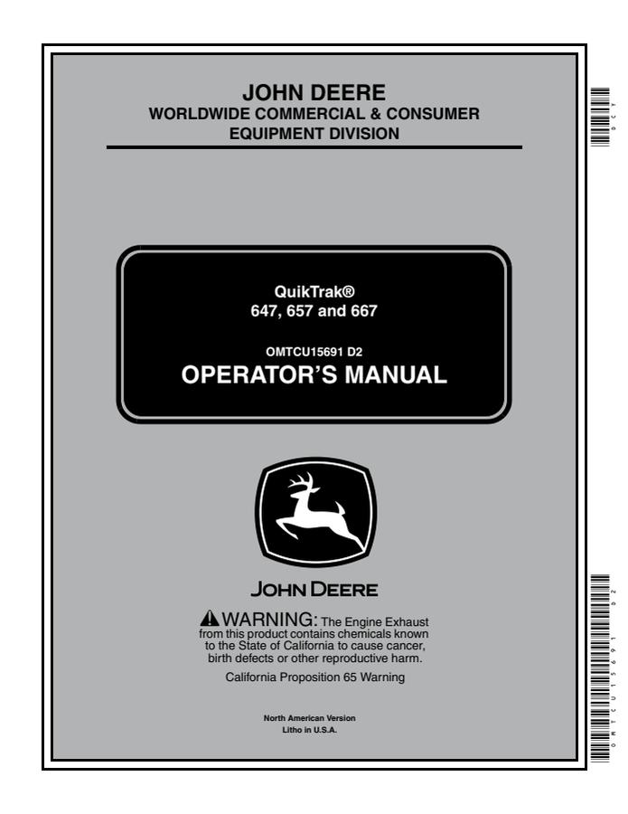 John Deere 647, 657, and 667 QuikTrak mower Operator manual OMTCU15691 — actual manual cover