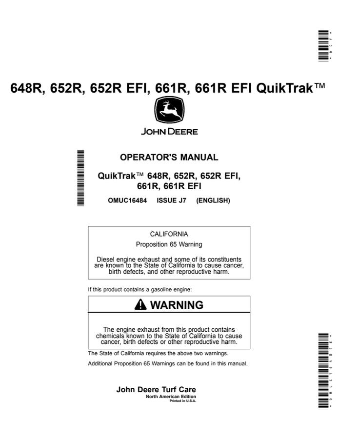 John Deere 648R, 652R, 652R EFI, 661R, 661R EFI QuikTrak mower Operator manual OMUC16484 — actual manual cover
