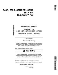 John Deere 648R, 652R, 652R EFI, 661R, and 661R EFI QuikTrak mower Operator manual OMTCU36314 — actual manual cover