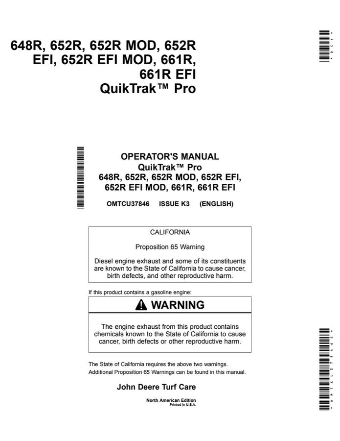 John Deere 648R, 652R, 652R MOD, 652R EFI, 652R EFI MOD, 661R, 661R EFI QuikTrak mower Operator manual OMTCU37846 — actual manual cover