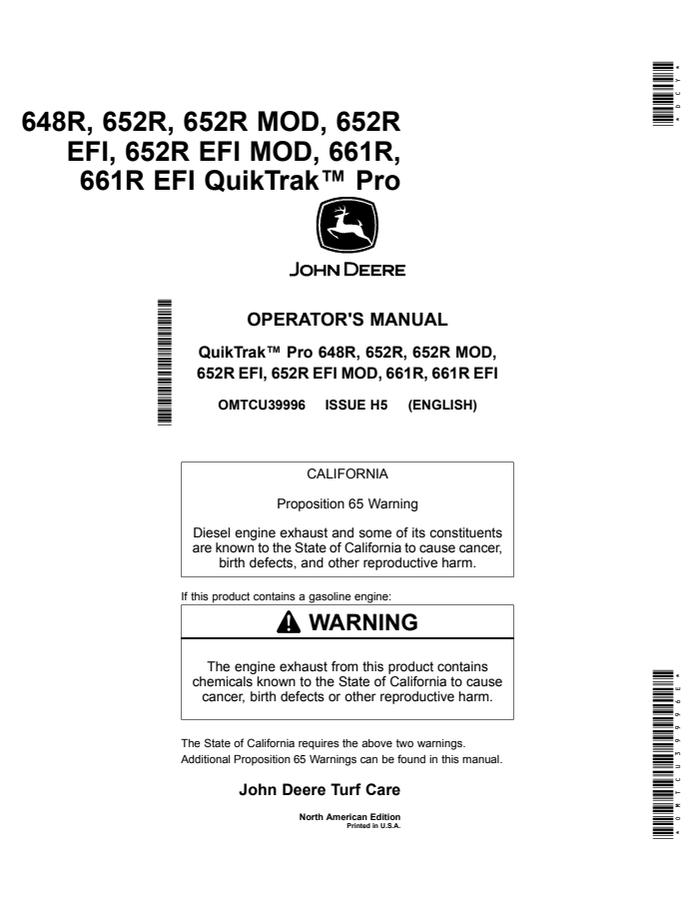 John Deere 648R, 652R, 652R MOD, 652R EFI, 652R EFI MOD, 661R, 661R EFI QuikTrak mower Operator manual OMTCU39996 — actual manual cover
