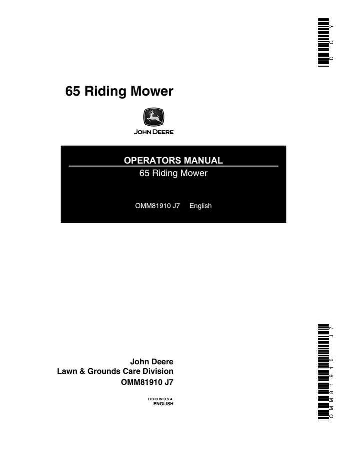 John Deere 65 Riding mower Operator manual OMM81910 — actual manual cover