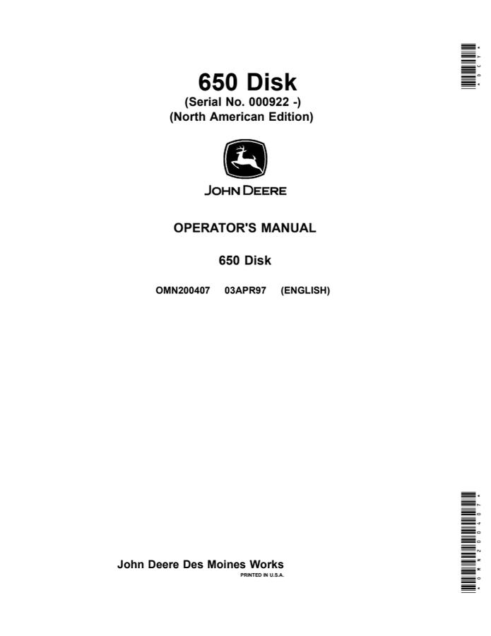 John Deere 650 Disk Disk implement Operator manual OMN200407 — actual manual cover