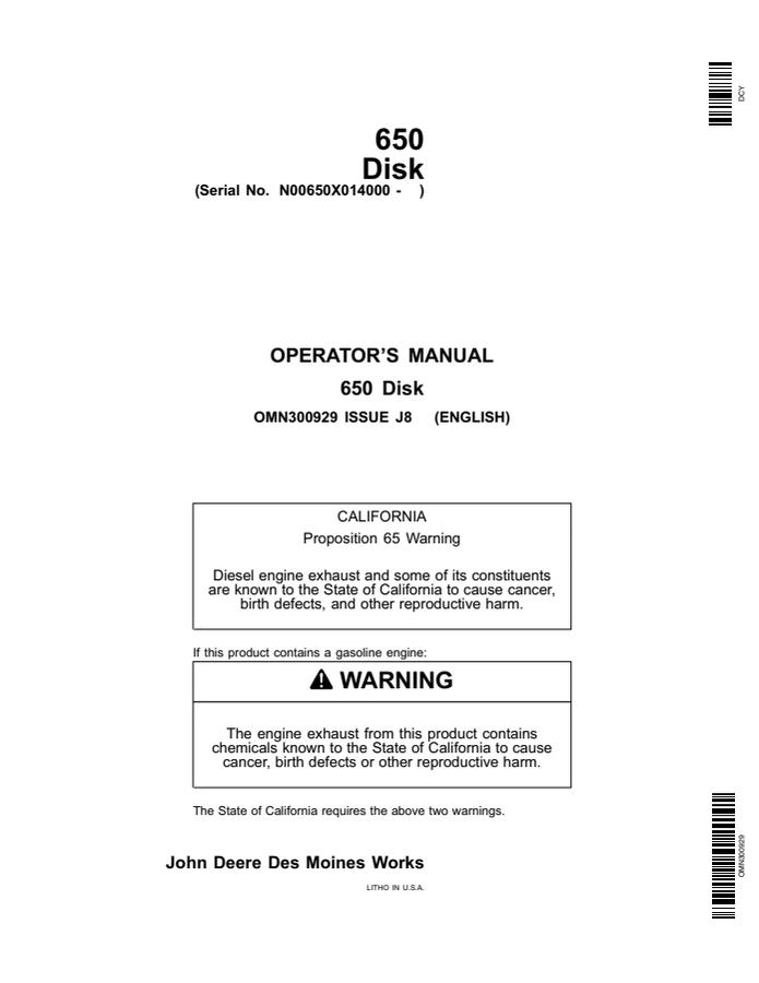 John Deere 650 Disk Disk implement Operator manual OMN300929 — actual manual cover