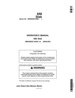 John Deere 650 Disk Disk implement Operator manual OMN300929 — actual manual cover