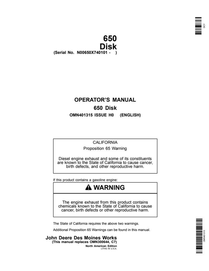 John Deere 650 Disk Disk implement Operator manual OMN401315 — actual manual cover