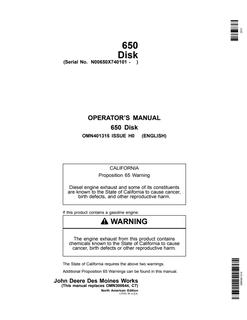 John Deere 650 Disk Disk implement Operator manual OMN401315 — actual manual cover