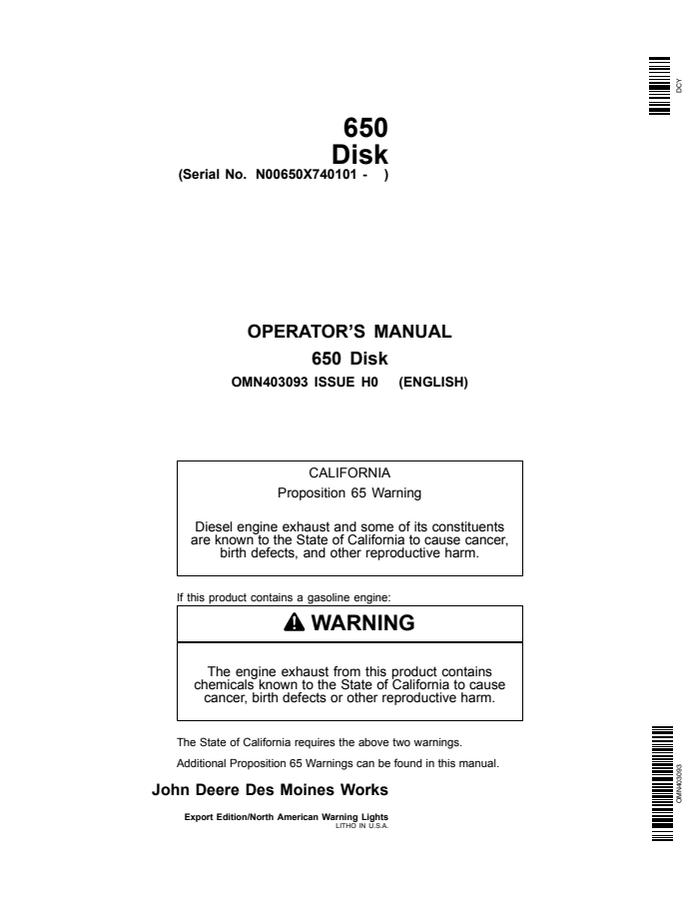 John Deere 650 Disk Disk implement Operator manual OMN403093 — actual manual cover