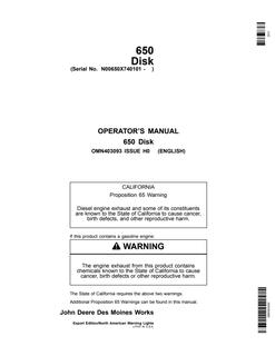 John Deere 650 Disk Disk implement Operator manual OMN403093 — actual manual cover