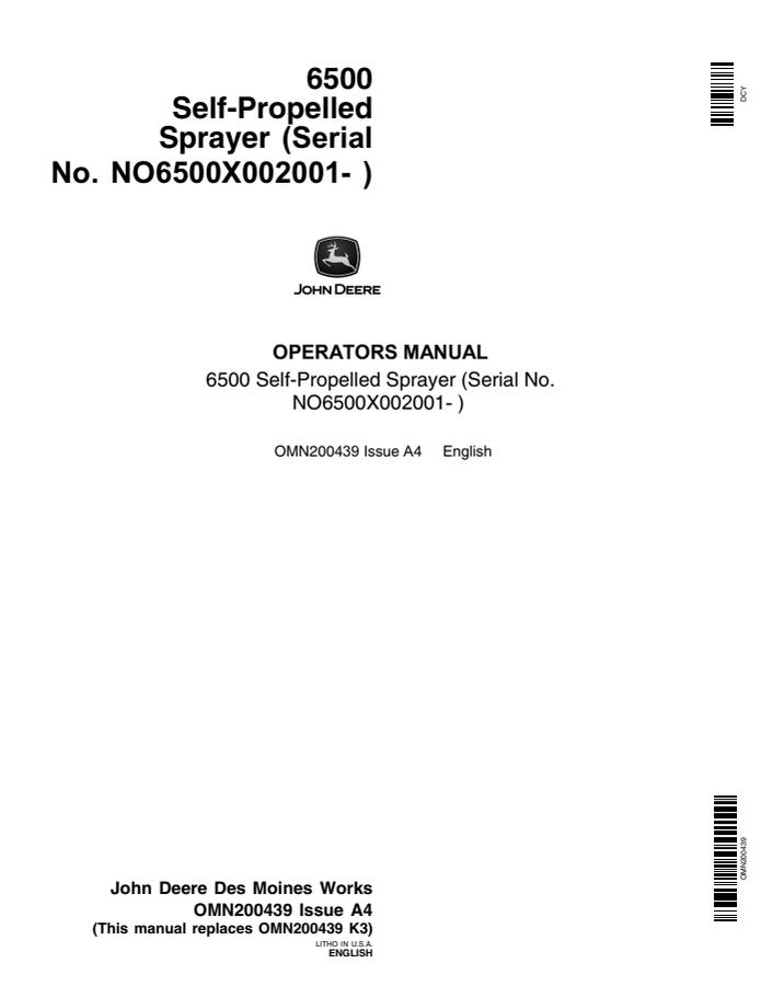 John Deere 6500 Self-propelled sprayer Operator manual OMN200439 — actual manual cover