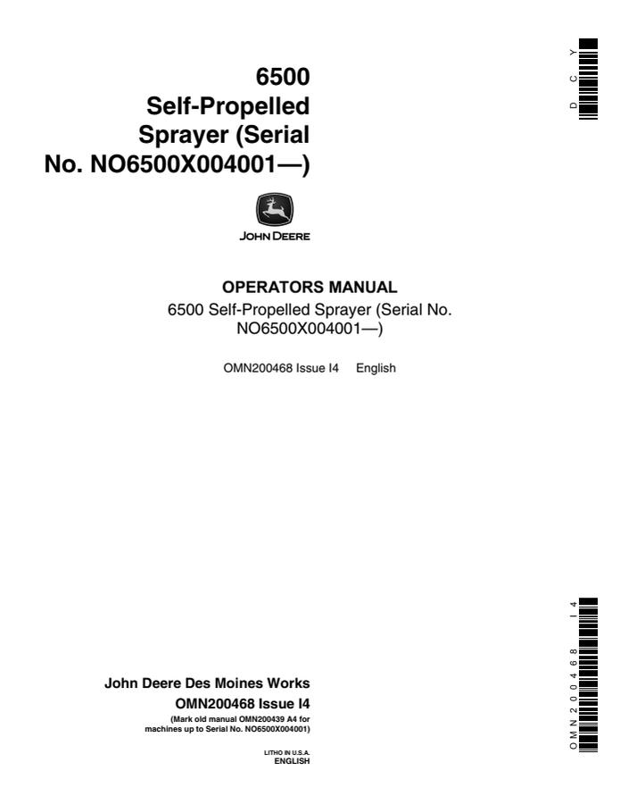 John Deere 6500 Self-Propelled Sprayer Operators manual — actual manual cover