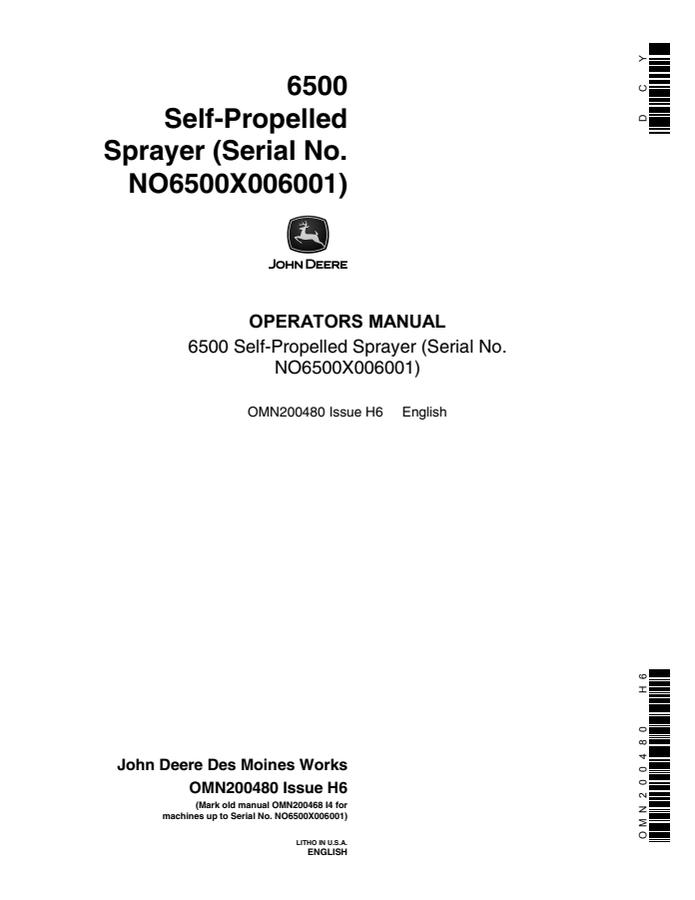 John Deere 6500 Self-propelled sprayer Operator's manual OMN200480 — actual manual cover