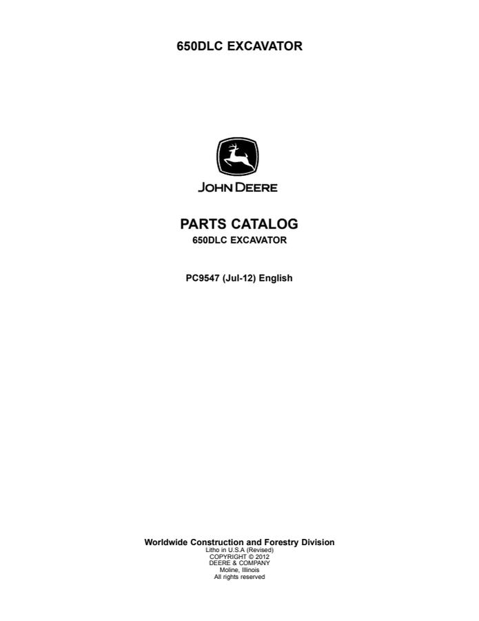 John Deere 650DLC Excavator Parts catalog PC9547 — actual manual cover
