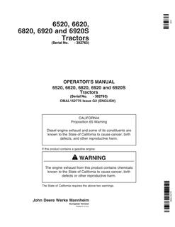 John Deere 6520, 6620, 6820, 6920, 6920S Tractor Operator's manual OMAL152775 — actual manual cover