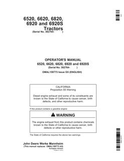 John Deere 6520, 6620, 6820, 6920, and 6920S Tractor Operator manual OMAL159773 — actual manual cover