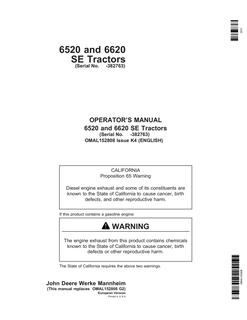 John Deere 6520 and 6620 SE Tractor Operator manual OMAL152808 — actual manual cover