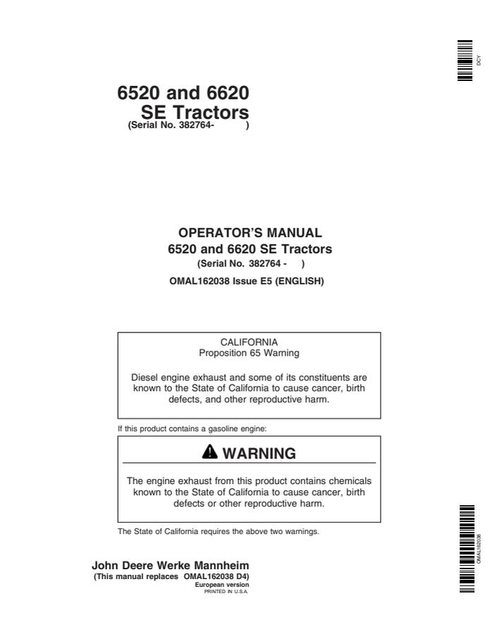 John Deere 6520 SE, 6620 SE Agricultural tractor Operator's manual OMAL162038 — actual manual cover