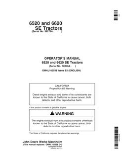 John Deere 6520 SE, 6620 SE Agricultural tractor Operator's manual OMAL162038 — actual manual cover