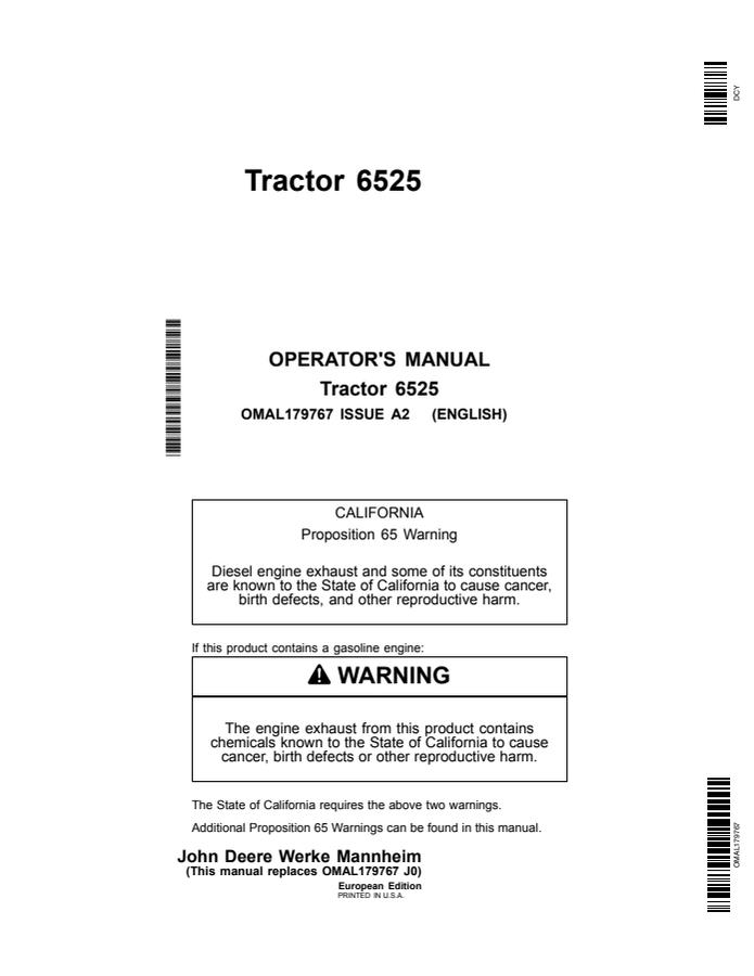 John Deere 6525 Tractor Operator manual OMAL179767 — actual manual cover