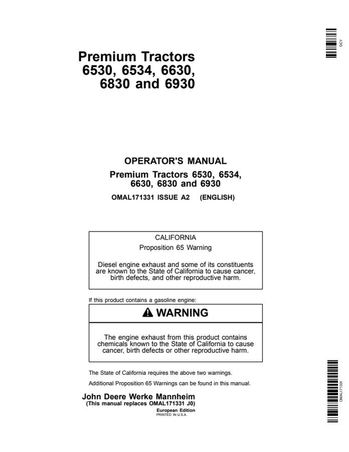 John Deere 6530, 6534, 6630, 6830, 6930 Tractor Operator manual OMAL171331 — actual manual cover
