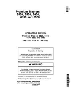 John Deere 6530, 6534, 6630, 6830, 6930 Tractor Operator manual OMAL171331 — actual manual cover