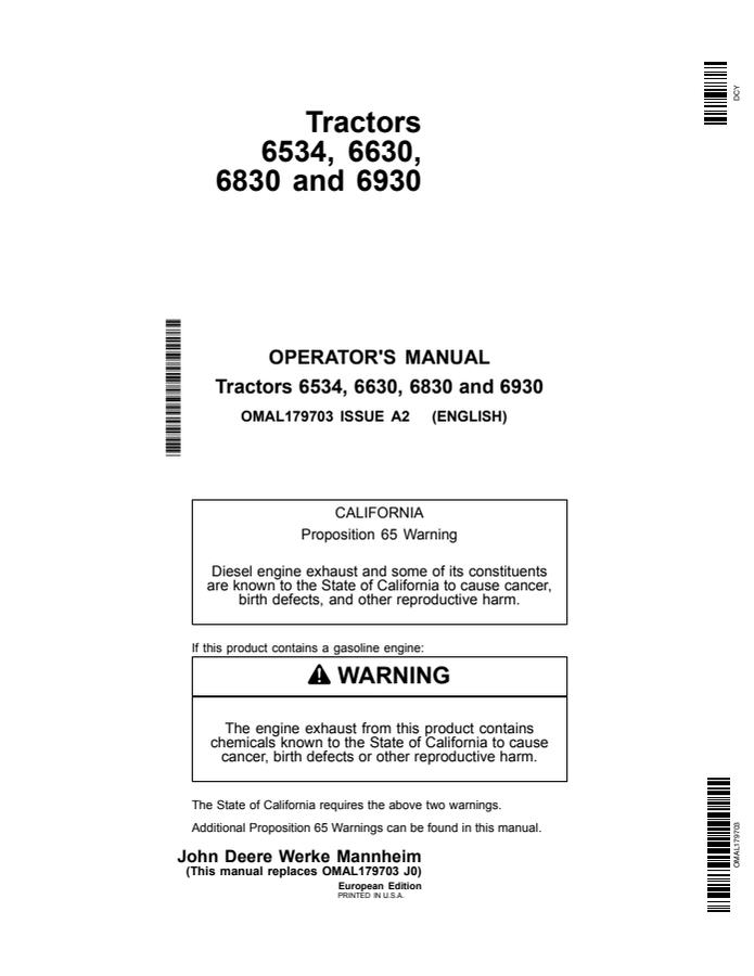 John Deere 6534, 6630, 6830, and 6930 Tractor Operator manual OMAL179703 — actual manual cover