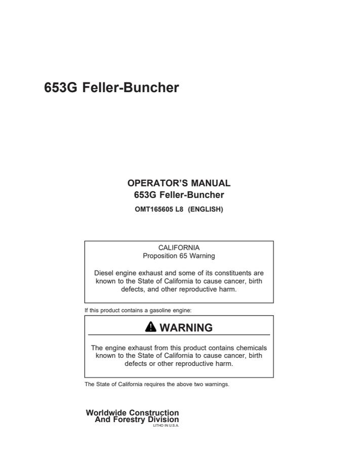 John Deere 653G Feller-buncher Operator manual OMT165605 — actual manual cover