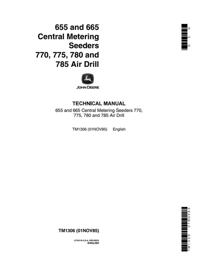 John Deere 655, 665, 770, 775, 780, 785 Seeder / Air Drill Technical Manual TM1306 — actual manual cover