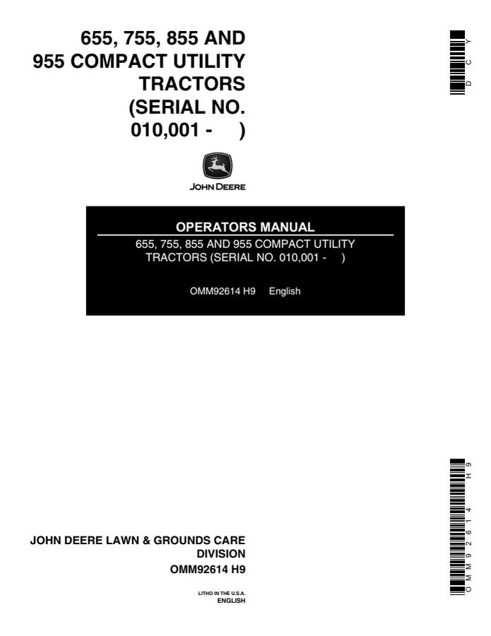 John Deere 655, 755, 855, and 955 Compact utility tractor Operator manual OMM92614 — actual manual cover