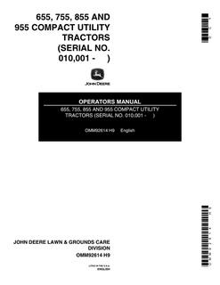John Deere 655, 755, 855, and 955 Compact utility tractor Operator manual OMM92614 — actual manual cover