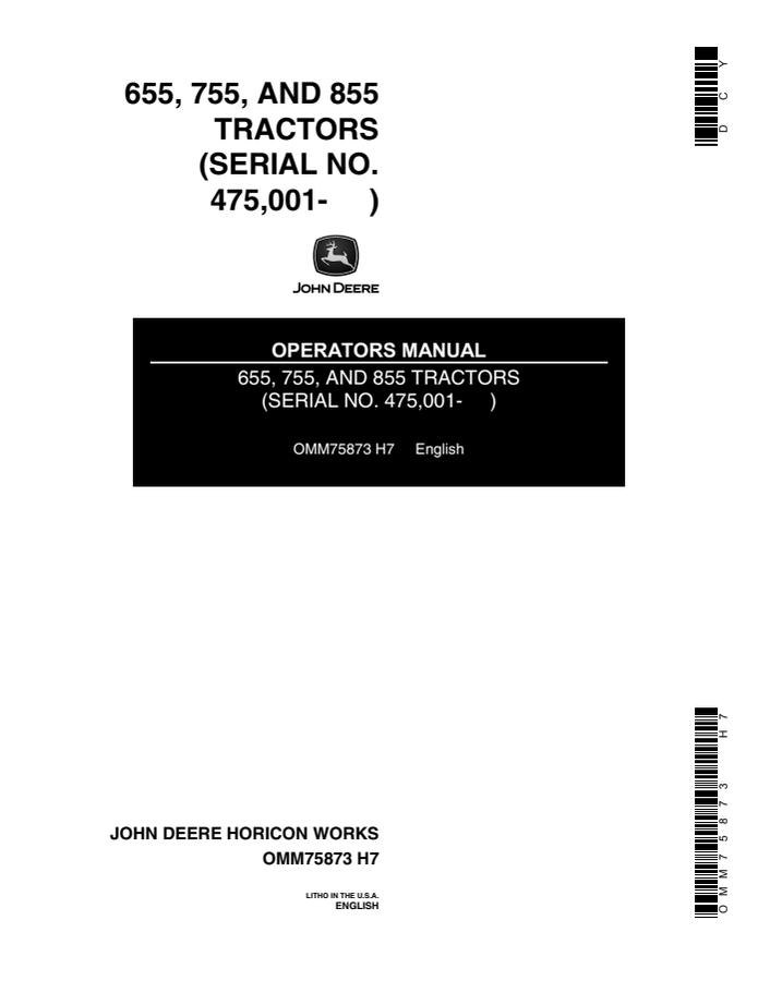 John Deere 655, 755, 855 Tractor Operator's manual OMM75873 — actual manual cover