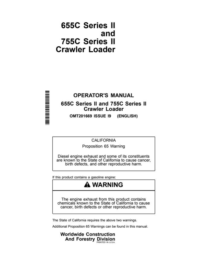 John Deere 655C Series II and 755C Series II Crawler loader Operator manual OMT201669 — actual manual cover