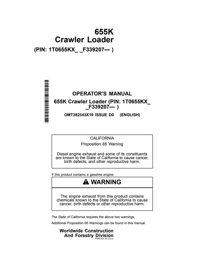 John Deere 655K Crawler loader Operator manual OMT382343X19 — actual manual cover