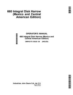 John Deere 660 Integral disk harrow Operator manual OMP63178 — actual manual cover