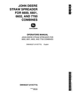 John Deere 6600, 6601, 6602, 7700 Combines Straw spreader Operator Manual OMH85227 — actual manual cover