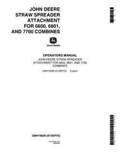 John Deere 6600, 6601, 7700 Combines Straw spreader attachment Operator Manual OMH78026 — actual manual cover