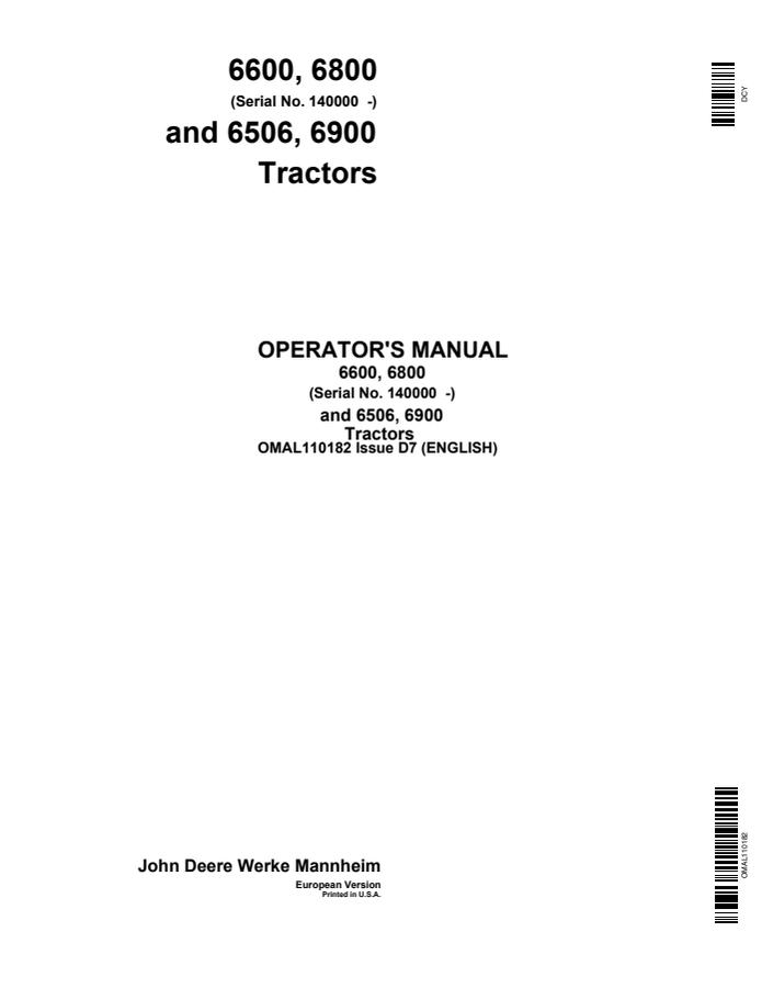 John Deere 6600, 6800, 6506, and 6900 Tractor Operator manual OMAL110182 — actual manual cover