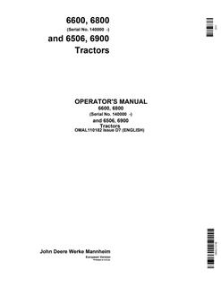 John Deere 6600, 6800, 6506, and 6900 Tractor Operator manual OMAL110182 — actual manual cover