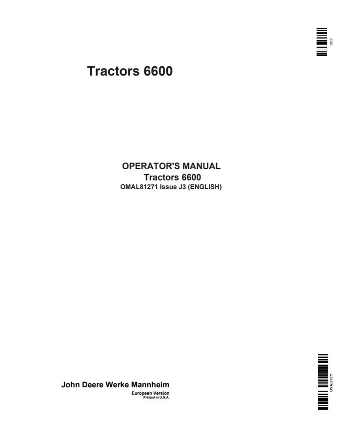 John Deere 6600 Tractor Operator's manual OMAL81271 — actual manual cover