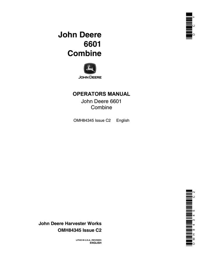 John Deere 6601 Combine Operator manual OMH84345 — actual manual cover