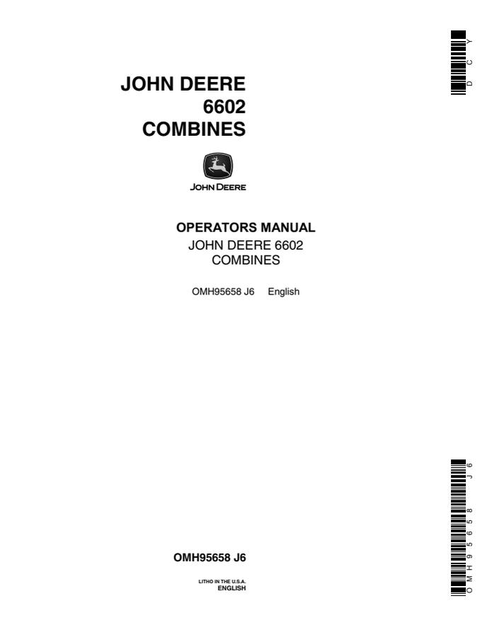 John Deere 6602 Combine Operator manual OMH95658 — actual manual cover