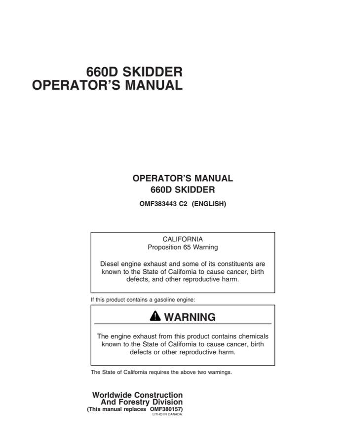 John Deere 660D Skidder Operator manual OMF383443 — actual manual cover