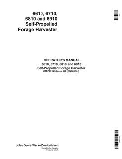 John Deere 6610, 6710, 6810, and 6910 Self-propelled forage harvester Operator manual OMZ92145 — actual manual cover