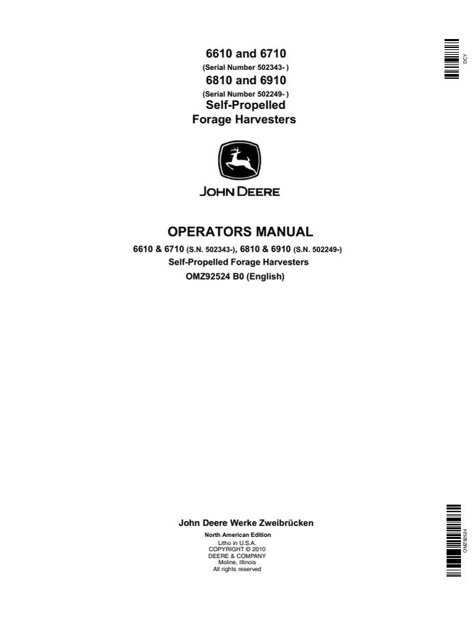 John Deere 6610, 6710, 6810, and 6910 Self-propelled forage harvester Operator manual OMZ92524 — actual manual cover